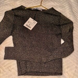ZARA Black and Gold Metallic Knit Top NWT